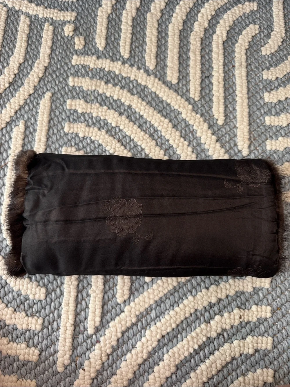 Vintage Real Fur Hand Muff Brown Satin Embroidered Old Hollywood